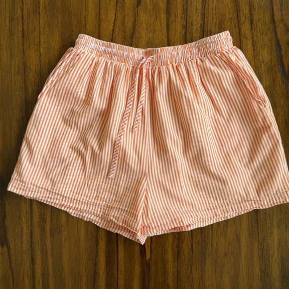 exlura Pants - Women’s High Waist Striped Drawstring Shorts - Peach/White